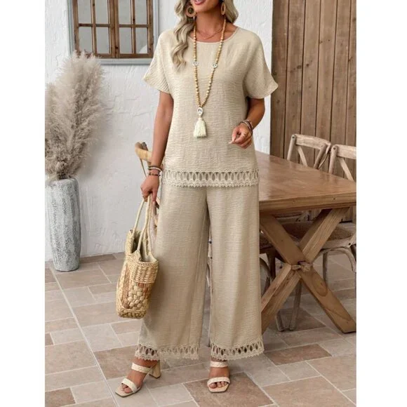 Lace Trim Round Neck Short Sleeve Shirt & Wide Leg Pants Set - Picture 2 of 4